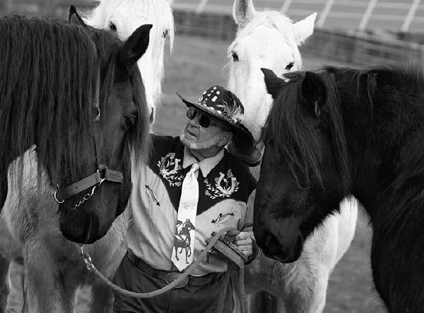 A man stands between four horses and looks at the horse on the left. He has a beard and is wearing sunglasses, a cowboy hat with a feather in it, a flowered vest, a long-sleeved shirt and a tie with horses on it. The two horses on the right and left have forelocks hanging in their eyes. The heads of two white horses are behind him.